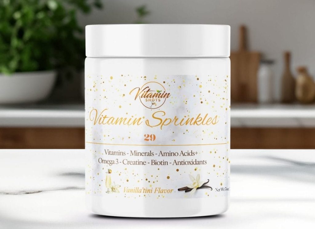 Vitamin Sprinkles Bottle White Marble Kicthen Background