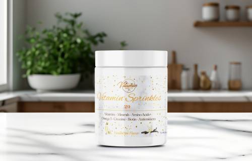 Vitamin Sprinkles Bottle White Marble Kicthen Background