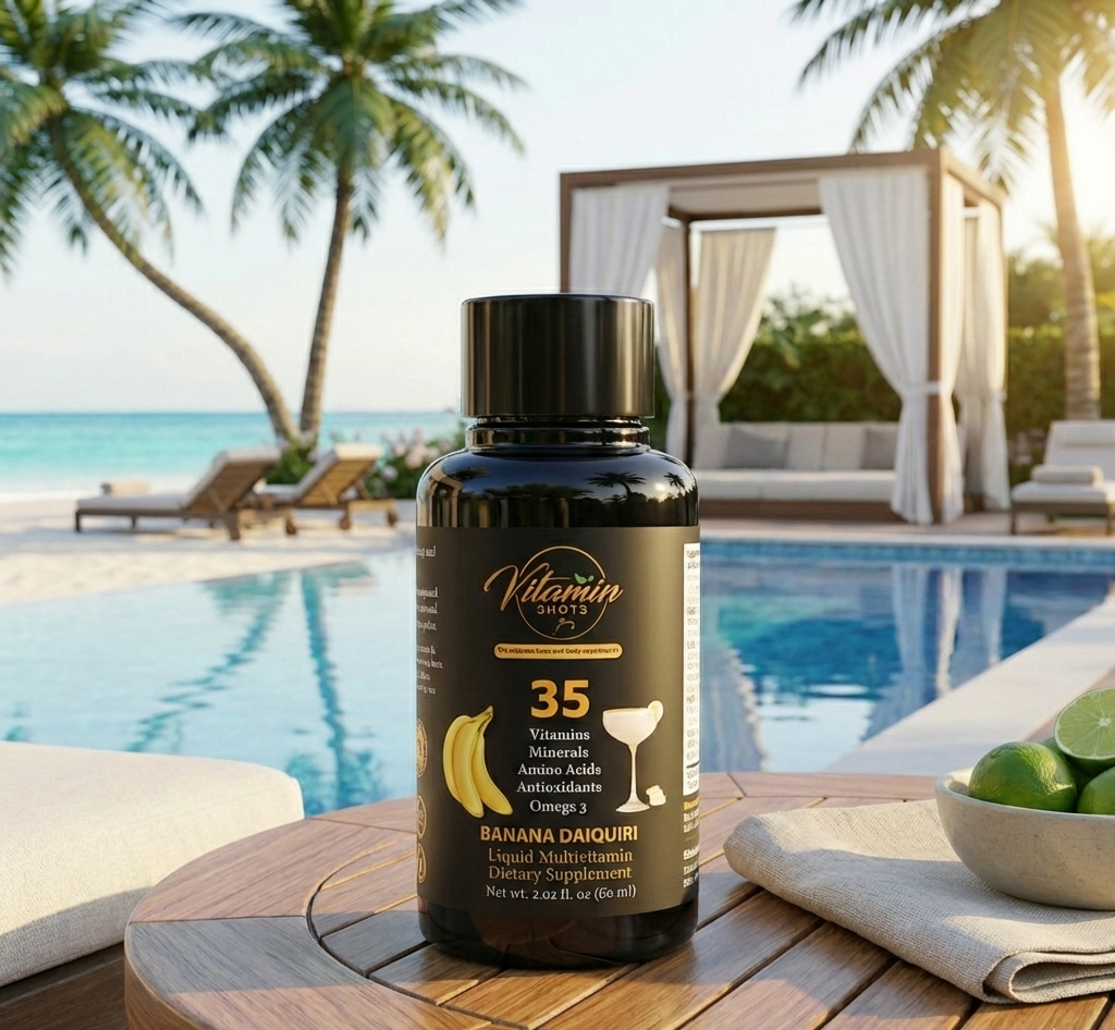 Vitamin Shots Bottle Banana Flavor Pool and Beach Side